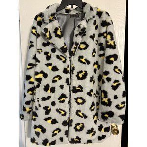 Janice‎ Apparel Blue Gray Faux Fur Leopard Animal Print Lined Jacket Pockets OS